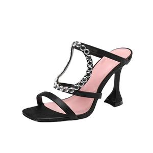 Sandalias de Tacón Alto con Punta Abierta para Mujer, con Tiras Adornadas, Cristales, Mules de Diamantes, Zapatos de Verano, Cuero Genuino, Plantilla de Goma - Product Image 1