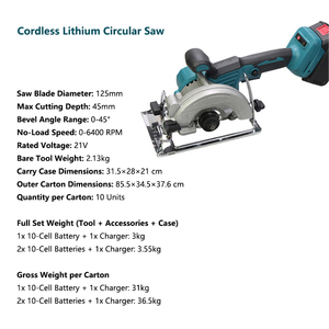 <span class=keywords><strong>Scie</strong></span> <span class=keywords><strong>circulaire</strong></span> miniature sans fil 21V, batterie lithium-ion 10 cellules, lame de 125 mm, profondeur maximale de coupe de 45 mm <span class=keywords><strong>pour</strong></span> le bois/PVC/<span class=keywords><strong>carrelage</strong></span>/métal - Product Image 2
