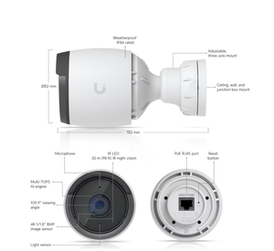 Caméra de sécurité IP extérieure Unifi UVC-G6-Bullet-W 4K UHD PoE avec vision nocturne IR de 30 m, microphone intégré, détection intelligente par IA - Product Image 5
