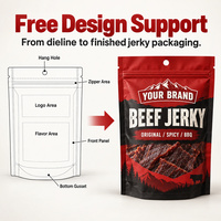 Sachets d'emballage personnalisés pour bœuf séché, pochettes verticales avec trou de suspension, sacs refermables à fermeture éclair en aluminium pour la vente au détail de viande séchée et de snacks