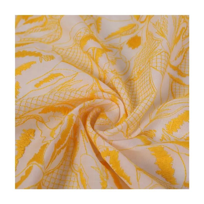 Stock de polyester de voile de coton suisse de mode personnalisée 100% tissu de broderie en dentelle de coton jaune imprimé biologique pur pour robe