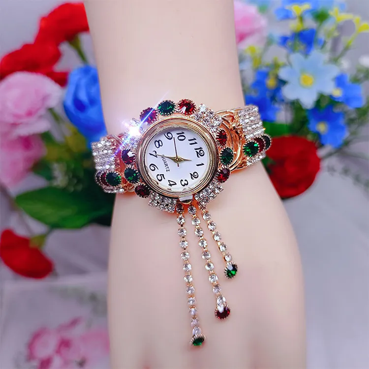 Jam tangan Fashion, lintas batas, versi Korea, warna zirkon, temperamen, rumbai, berlian penuh, jam tangan gelang mewah