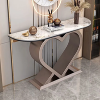 Table console décorative pour long couloir, simple, avec plateau en marbre et base en métal noir et or, pour salon