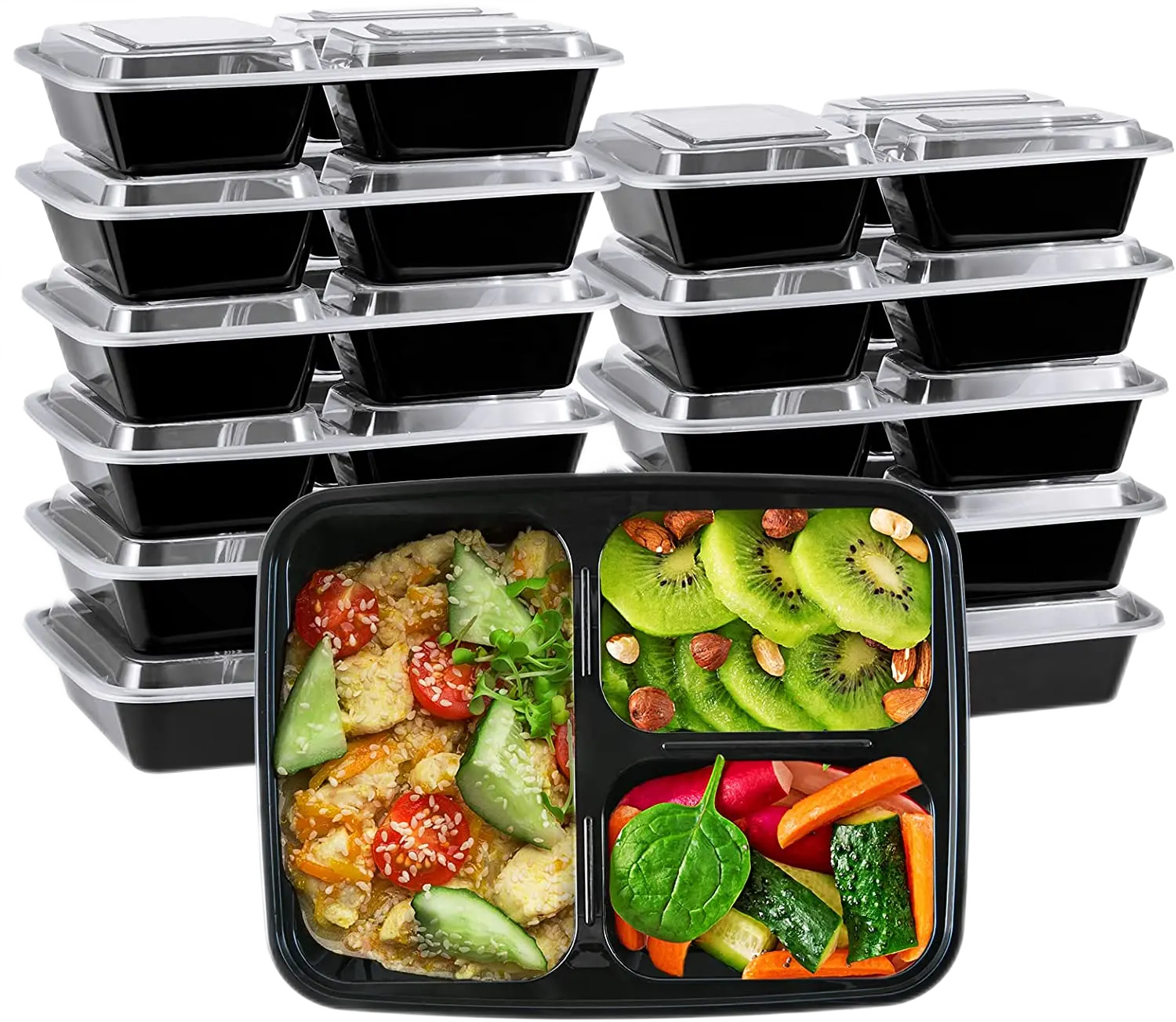 3 Compartment Food Container Rectangular Meal Prep Bento with Lid Stackable Freezer Microwave Reusable Portable Lunch Box