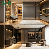 Dressing de luxe durable avec façade en verre, éclairage LED intégré, banc en cuir, design scandinave pour hôtel moderne
