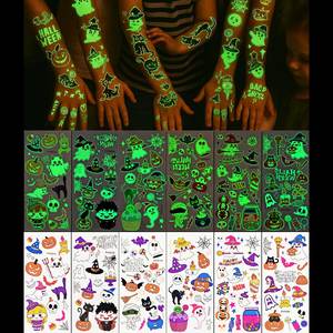Autocollants de tatouage temporaire néon personnalisés pour enfants, imperméables, motifs citrouille, fantôme, crâne, fluorescent, dessin animé, pour fête, autocollant corporel - Product Image 2