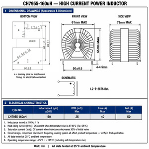 Inductor Toroidal de Cinta de Cobre Plana CH7955-160uH 160μH 50A <span class=keywords><strong>Isat</strong></span> 25mΩ DCR de Alta Corriente para SMPS, Inversores y Cargadores de Vehículos Eléctricos - Product Image 2