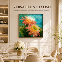 Peinture à l'huile abstraite de dahlias peints à la main sur toile, fleurs épineuses rouge corail et jaunes, fond turquoise, décoration murale artistique, vente en gros