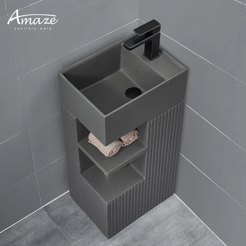 Artificial stone one piece grey bathroom corner modern storage freestanding hand wash basin pedestal sink