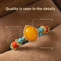 Bague extensible en perles de turquoise et ambre, style chinois, en verre, pour femme et unisexe, bijoux géométriques ovales en pierre naturelle, vente en gros