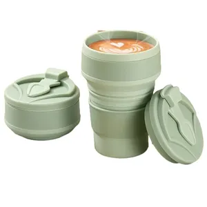 Taza de café plegable de silicona personalizada con tapas, taza de bebida de café plegable reutilizable de viaje