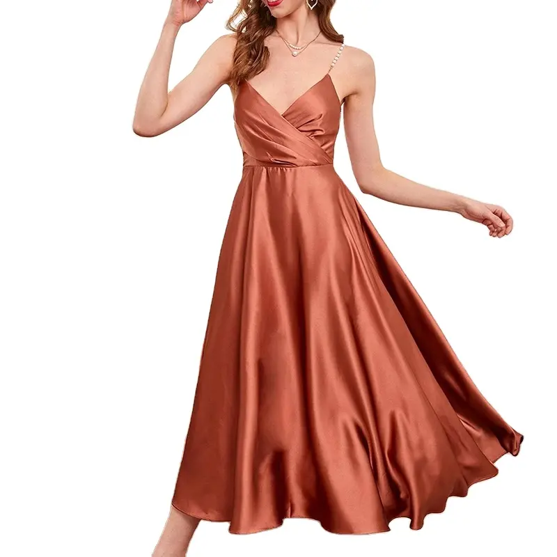 Robe Maxi en Satin à manches pagode pour femme, longueur au sol, Logo personnalisé