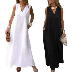 Women's <b>Loose</b> V-neck Sleeveless Maxi <b>Dress</b> Solid Color Linen Casual Summer <b>Dress</b> With Pockets Breathable Woven Fabric - Product Image 1