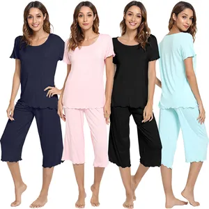 Vrouwen Pyjama Custom Hoge Kwaliteit Korte Mouw Nachtkleding Capri Broek Pyjamas China Pj Designer Viscose Van Bamboe Pyjama