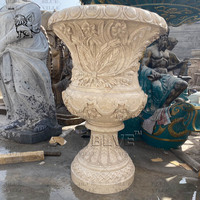 BLVE Villa extérieur jardin décoratif pierre pot de fleurs sculpture à la main marbre Beige naturel grand Pot de jardinière avec Base