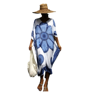 Rayon Swimdress 1 Piece Eco-Friendly Quick Dry Beachwear Bandeau Neckline <b>V</b>-<b>String</b> Bottom Print Holiday Cover Ups - Product Image 1