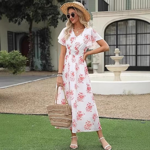 Robe d'été bohème pour femme, col halter, à lacets, col en V, manches mi-longues, fendue, coupe trapèze, taille haute, écologique, respirante, avec lien à nouer à la taille, idéale pour les vacances - Product Image 5