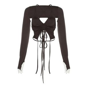 Top Sexy para Mujer, Elástico, de Manga Larga, Cuello en V, Halter, Fruncido, Sólido, 2 Piezas, Tops Cortos para Mujer - Product Image 5