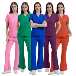 Set di Divise Ospedaliere Personalizzate all'Ingrosso, Uniformi Mediche Antirughe a Maniche Corte con Pantaloni a Zampa, Completi per Infermieri - Product Image 1