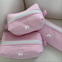 Pochette de maquillage douce bleue faite à la main, personnalisée, pour les voyages, les outils de coiffure, pochette de cosmétiques en coton mignonne pour femmes