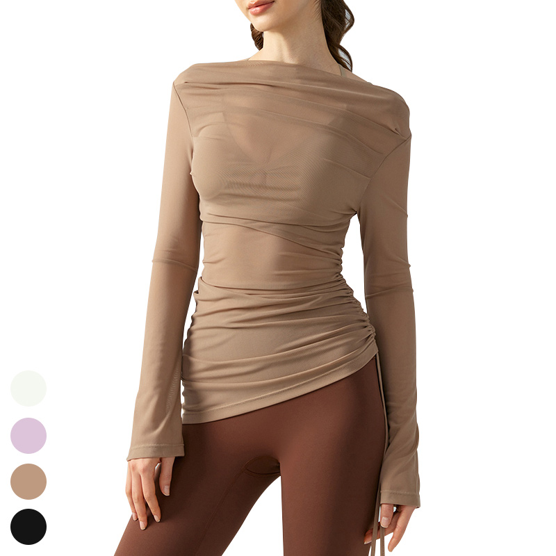 Drawstring Pleats Waist Shirt Lightweight Slim Mesh Long Sleeve Running Workout Tops Fitness Yoga Top Sports Blouse for Women
