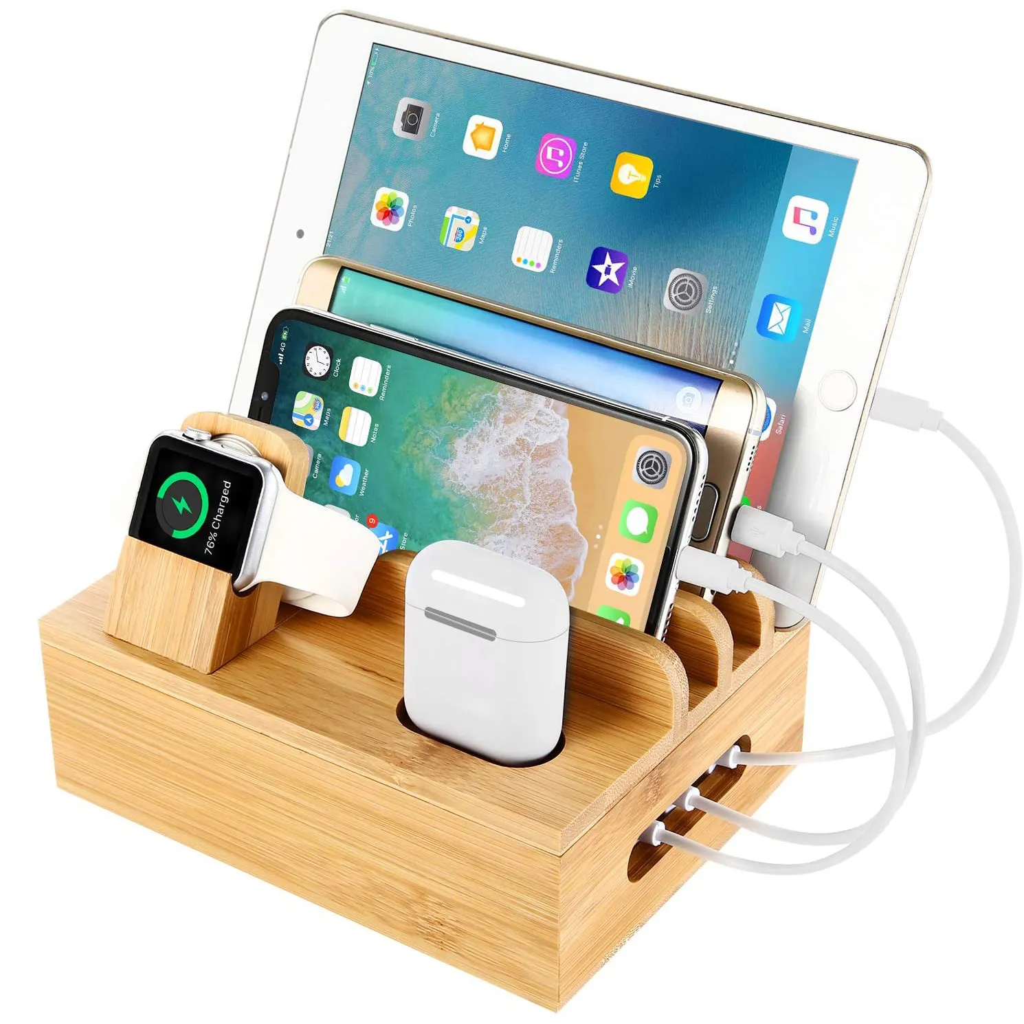 Bamboo Charging Station Dock for 4/5 / 6 Ports USB Charger Desktop Docking Station Organizer for Cellphone Smart Watch Tablet