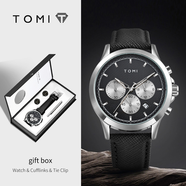 TOMI Luxury Sport Fashion Quartz Watch with Seiko Movement Leather Strap Alloy Case Pointer Dial