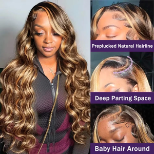 Peluca frontal de encaje HD sin pegamento 13x4 con reflejos, <span class=keywords><strong>cabello</strong></span> humano Remy brasileño ondulado, peluca de encaje suizo, peluca frontal de encaje de <span class=keywords><strong>cabello</strong></span> humano - Product Image 3