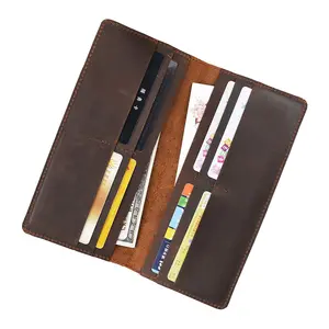Minimalist <strong>Bifold</strong> Long Wallet Crazy Horse Full Grain Leather Wallets Thin Credit Card Holder Handmade Vintage <strong>Purse</strong> for Men - Product Image 1