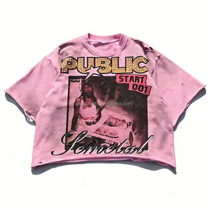 T-shirt en molleton français imprimé, coupe courte, surdimensionné, en coton de haute qualité, avec strass, effet délavé vintage pour homme - Product Image 1