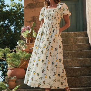 Robe décontractée pour femmes en lin, col carré, imprimé floral blanc, boutons et manches bouffantes, personnalisable OEM ODM - Product Image 1