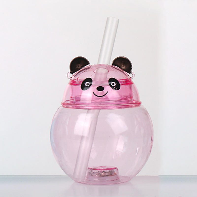 Hot Selling 500ml Creative Cartoon Panda LED Light Water Bottle Single Wall Plastic Lanyard Yard Cups for Party Slush