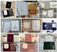 Invitation de mariage luxueuse en acrylique bleu marine, arquée, avec texte blanc, pochette en velours, impression personnalisée moderne
