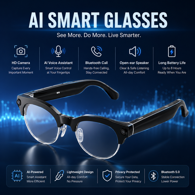 Lightweight 42g Brow Line AI Smart Glasses 8MP 1200P Video ENC ChatGPT Hands-Free Calling Open Ear for WiFi Travel 5h