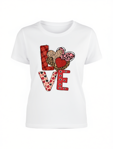 T-shirt da donna taglie forti con stampa leopardata a cuore per San Valentino, girocollo, manica corta, in tessuto misto, casual per tutti i giorni - Product Image 1