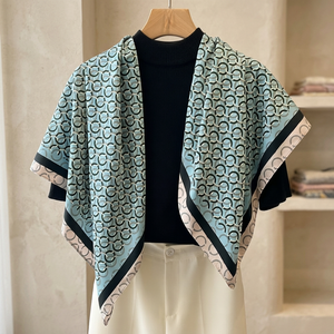 Blue Beige Circle Print Imitation Silk Square Shawl Women's Scarf Long Wrap for Office Party Gift Wholesale Custom Sublimation - Product Image 4
