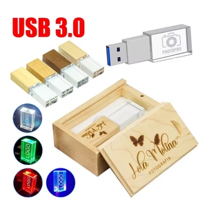 USB 3.0 Wooden Crystal Led Light Pendrive 4GB 32GB Pen Drive 16GB 64GB USB Flash Drive Memory Stick Customized Logo With Box