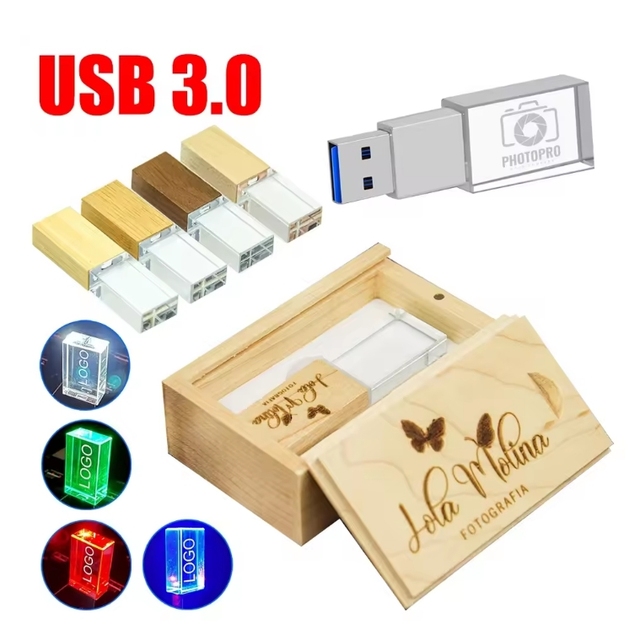 USB 3.0 Wooden Crystal Led Light Pendrive 4GB 32GB Pen Drive 16GB 64GB USB Flash Drive Memory Stick Customized Logo With Box