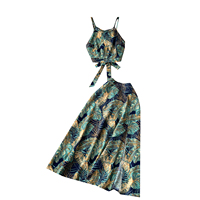Ensemble 2 pièces pour femmes, imprimé feuilles tropicales, haut court à bretelles et jupe midi fendue, tenue de plage