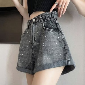 Shorts en jean délavé <span class=keywords><strong>taille</strong></span> haute coupe ajustée avec strass, style A-line, pour <span class=keywords><strong>femme</strong></span>, tendance streetwear été 2026 - Product Image 1