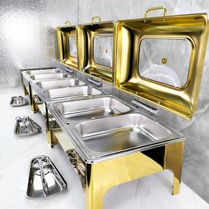 Set di Chafing Dish Rotondi Dorati in Acciaio Inox con Coperchio in Vetro e Metallo, Attrezzatura da Catering per Buffet a Uso Alberghiero - Product Image 4