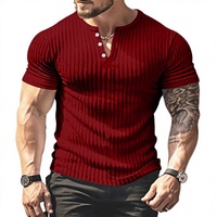 T-shirt Henley côtelé respirant à manches courtes pour homme, style anglais rayé, collection été 2024, idéal pour l'export AliExpress
