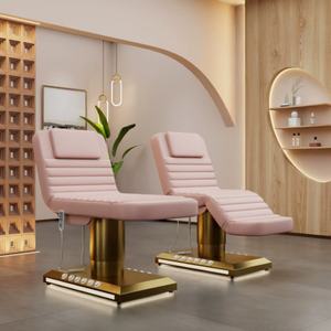 Cama de Spa Facial Eléctrica Reclinable de Lujo Moderna con 3 Motores, Tapizada en Cuero Rosa, Control de Pie para Salón, con Base Dorada, Mesa de Masaje - Product Image 3