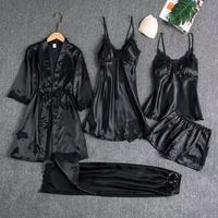 Conjunto de Pijama y Bata de Seda Helada Tejida de Varias Piezas para Mujer, Tallas Grandes, con Almohadillas en el Pecho, para Verano/Otoño/Primavera