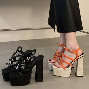 Sandales à plateforme épaisse pour femmes, talons hauts et épais, avec lanières à boucles à la cheville, chaussures d'été habillées - Product Image 5