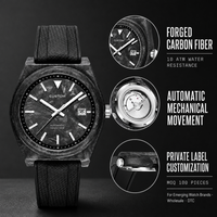 100 montres mécaniques en fibre de carbone forgée 10 ATM avec calendrier saphir, cadran lumineux personnalisé, automatiques, pour hommes