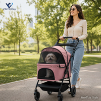 Poussette pliable pour animaux de compagnie avec poignée réversible pour petits chiens, poussette 4 roues avec auvent et porte-gobelets, poussette de voyage