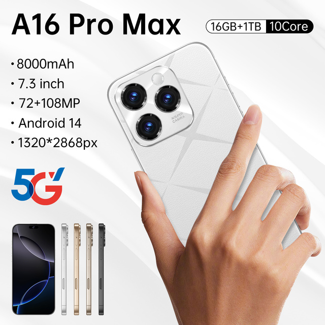 A16 Pro Max 5G Phone Factory Price 16GB+1TB Storage 7.3 Inch HD Display & Dual SIM Android Smartphone Spanish