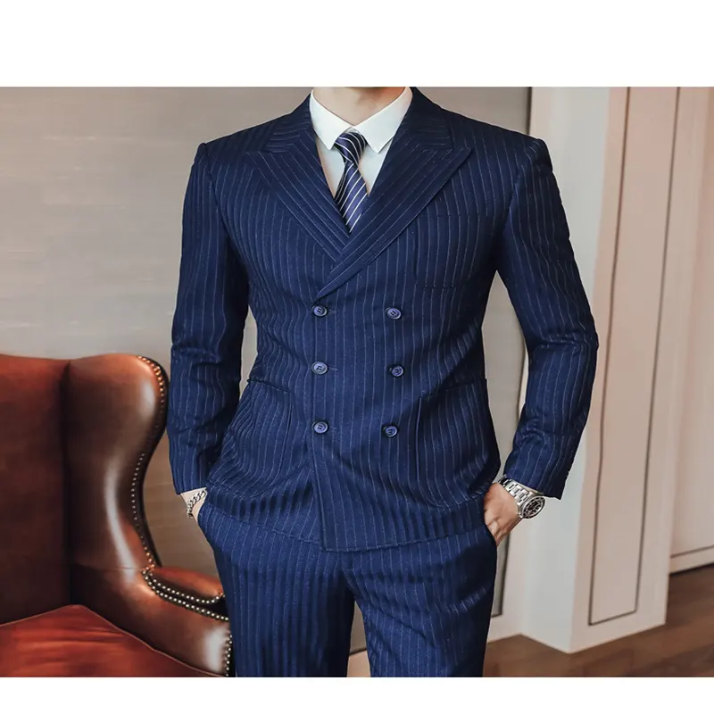 2022 Top Grade Double Breasted Slim Fit Set For 3 Piece Suits Set For Men Casual Business Fashion Navy Blue