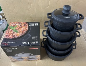 Ensemble de 10 pièces de batterie de cuisine en fonte de style rétro, revêtement antiadhésif effet granit, texture brique, comprenant une <span class=keywords><strong>casserole</strong></span> et une marmite peu profonde - Product Image 5